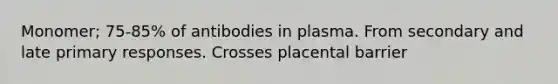 Monomer; 75-85% of antibodies in plasma. From secondary and late primary responses. Crosses placental barrier