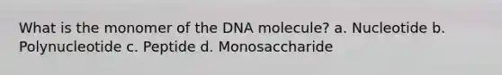 What is the monomer of the DNA molecule? a. Nucleotide b. Polynucleotide c. Peptide d. Monosaccharide