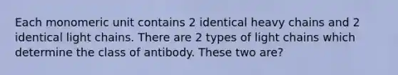 Each monomeric unit contains 2 identical heavy chains and 2 identical light chains. There are 2 types of light chains which determine the class of antibody. These two are?