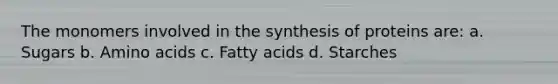 The monomers involved in the synthesis of proteins are: a. Sugars b. <a href='https://www.questionai.com/knowledge/k9gb720LCl-amino-acids' class='anchor-knowledge'>amino acids</a> c. Fatty acids d. Starches