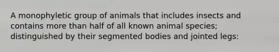 A monophyletic group of animals that includes insects and contains more than half of all known animal species; distinguished by their segmented bodies and jointed legs: