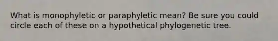 What is monophyletic or paraphyletic mean? Be sure you could circle each of these on a hypothetical phylogenetic tree.