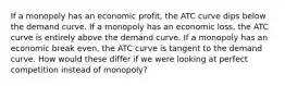 If a monopoly has an economic profit, the ATC curve dips below the demand curve. If a monopoly has an economic loss, the ATC curve is entirely above the demand curve. If a monopoly has an economic break even, the ATC curve is tangent to the demand curve. How would these differ if we were looking at perfect competition instead of monopoly?