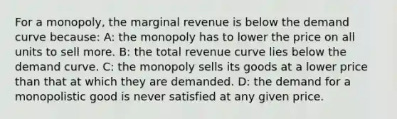 For a monopoly, the marginal revenue is below the demand curve because: A: the monopoly has to lower the price on all units to sell more. B: the total revenue curve lies below the demand curve. C: the monopoly sells its goods at a lower price than that at which they are demanded. D: the demand for a monopolistic good is never satisfied at any given price.