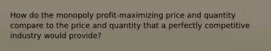 How do the monopoly profit-maximizing price and quantity compare to the price and quantity that a perfectly competitive industry would provide?