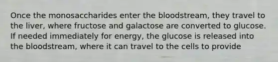 Once the monosaccharides enter the bloodstream, they travel to the liver, where fructose and galactose are converted to glucose. If needed immediately for energy, the glucose is released into the bloodstream, where it can travel to the cells to provide