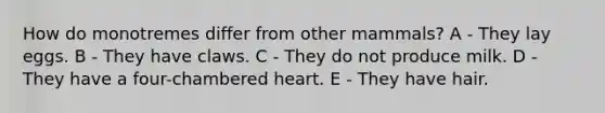 How do monotremes differ from other mammals? A - They lay eggs. B - They have claws. C - They do not produce milk. D - They have a four-chambered heart. E - They have hair.