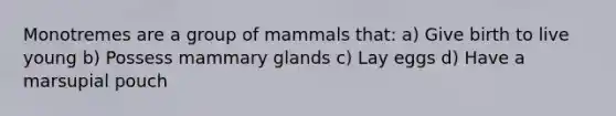 Monotremes are a group of mammals that: a) Give birth to live young b) Possess mammary glands c) Lay eggs d) Have a marsupial pouch