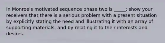 In Monroe's motivated sequence phase two is _____; show your receivers that there is a serious problem with a present situation by explicitly stating the need and illustrating it with an array of supporting materials, and by relating it to their interests and desires.