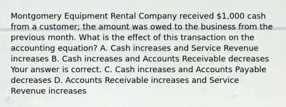 Montgomery Equipment Rental Company received​ 1,000 cash from a​ customer; the amount was owed to the business from the previous month. What is the effect of this transaction on the accounting​ equation? A. Cash increases and Service Revenue increases B. Cash increases and Accounts Receivable decreases Your answer is correct. C. Cash increases and <a href='https://www.questionai.com/knowledge/kWc3IVgYEK-accounts-payable' class='anchor-knowledge'>accounts payable</a> decreases D. Accounts Receivable increases and Service Revenue increases