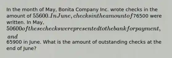 In the month of May, Bonita Company Inc. wrote checks in the amount of 55600. In June, checks in the amount of76500 were written. In May, 50600 of these checks were presented to the bank for payment, and65900 in June. What is the amount of outstanding checks at the end of June?