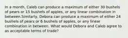 In a month, Caleb can produce a maximum of either 30 bushels of pears or 15 bushels of apples, or any linear combination in between.Similarly, Debora can produce a maximum of either 24 bushels of pears or 6 bushels of apples, or any linear combination in between. What would Debora and Caleb agree to as acceptable terms of trade?