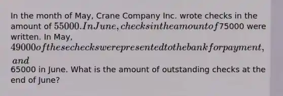 In the month of May, Crane Company Inc. wrote checks in the amount of 55000. In June, checks in the amount of75000 were written. In May, 49000 of these checks were presented to the bank for payment, and65000 in June. What is the amount of outstanding checks at the end of June?