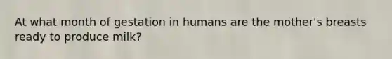 At what month of gestation in humans are the mother's breasts ready to produce milk?