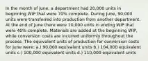 In the month of June, a department had 20,000 units in beginning WIP that were 70% complete. During June, 90,000 units were transferred into production from another department. At the end of June there were 10,000 units in ending WIP that were 40% complete. Materials are added at the beginning WIP, while conversion costs are incurred uniformly throughout the process. The equivalent units of production for conversion costs for June were: a.) 90,000 equivalent units b.) 104,000 equivalent units c.) 100,000 equivalent units d.) 110,000 equivalent units