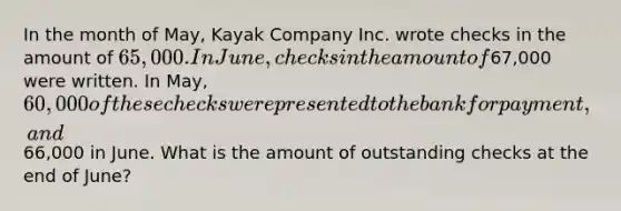 In the month of May, Kayak Company Inc. wrote checks in the amount of 65,000. In June, checks in the amount of67,000 were written. In May, 60,000 of these checks were presented to the bank for payment, and66,000 in June. What is the amount of outstanding checks at the end of June?