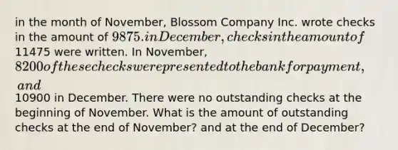 in the month of November, Blossom Company Inc. wrote checks in the amount of 9875. in December, checks in the amount of11475 were written. In November, 8200 of these checks were presented to the bank for payment, and10900 in December. There were no outstanding checks at the beginning of November. What is the amount of outstanding checks at the end of November? and at the end of December?