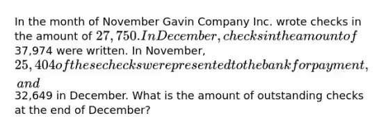 In the month of November Gavin Company Inc. wrote checks in the amount of 27,750. In December, checks in the amount of37,974 were written. In November, 25,404 of these checks were presented to the bank for payment, and32,649 in December. What is the amount of outstanding checks at the end of December?