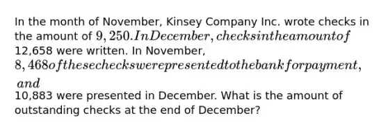 In the month of November, Kinsey Company Inc. wrote checks in the amount of 9,250. In December, checks in the amount of12,658 were written. In November, 8,468 of these checks were presented to the bank for payment, and10,883 were presented in December. What is the amount of outstanding checks at the end of December?