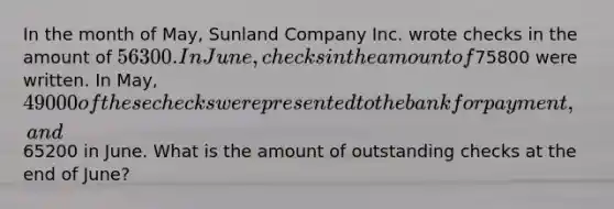 In the month of May, Sunland Company Inc. wrote checks in the amount of 56300. In June, checks in the amount of75800 were written. In May, 49000 of these checks were presented to the bank for payment, and65200 in June. What is the amount of outstanding checks at the end of June?