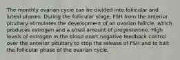 The monthly ovarian cycle can be divided into follicular and luteal phases. During the follicular stage, FSH from the anterior pituitary stimulates the development of an ovarian follicle, which produces estrogen and a small amount of progesterone. High levels of estrogen in the blood exert negative feedback control over the anterior pituitary to stop the release of FSH and to halt the follicular phase of the ovarian cycle.