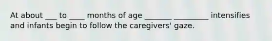 At about ___ to ____ months of age _______ _________ intensifies and infants begin to follow the caregivers' gaze.