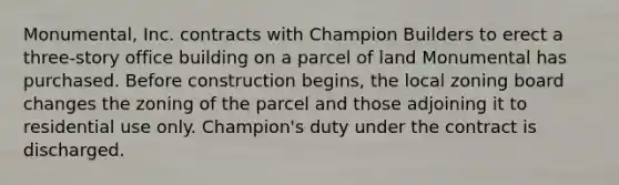 Monumental, Inc. contracts with Champion Builders to erect a three-story office building on a parcel of land Monumental has purchased. Before construction begins, the local zoning board changes the zoning of the parcel and those adjoining it to residential use only. Champion's duty under the contract is discharged.