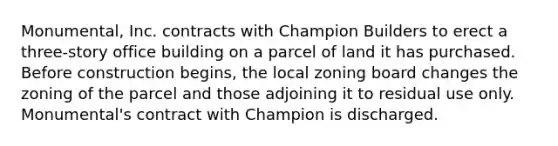 Monumental, Inc. contracts with Champion Builders to erect a three-story office building on a parcel of land it has purchased. Before construction begins, the local zoning board changes the zoning of the parcel and those adjoining it to residual use only. Monumental's contract with Champion is discharged.