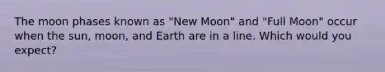 The moon phases known as "New Moon" and "Full Moon" occur when the sun, moon, and Earth are in a line. Which would you expect?