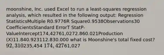 moonshine, Inc. used Excel to run a least-squares regression analysis, which resulted in the following output: Regression StatisticsMultiple R0.9776R Square0.9538Observations30 CoefficientsStandard ErrorT StatP-ValueIntercept174,42761,0272.860.021Production (X)11.840.923112.830.000 what is Moonshine's total fixed cost? 92,310235,454 174,42761,027