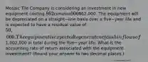 Mosaic Tile Company is considering an investment in new equipment costing 862 comma 000862,000. The equipment will be depreciated on a straight−line basis over a five−year life and is expected to have a residual value of 50,000. The equipment is expected to generate net cash inflows of1,002,000 in total during the five−year life. What is the accounting rate of return associated with the equipment​ investment? (Round your answer to two decimal​ places.)