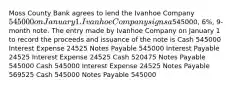 Moss County Bank agrees to lend the Ivanhoe Company 545000 on January 1. Ivanhoe Company signs a545000, 6%, 9-month note. The entry made by Ivanhoe Company on January 1 to record the proceeds and issuance of the note is Cash 545000 Interest Expense 24525 Notes Payable 545000 Interest Payable 24525 Interest Expense 24525 Cash 520475 Notes Payable 545000 Cash 545000 Interest Expense 24525 Notes Payable 569525 Cash 545000 Notes Payable 545000