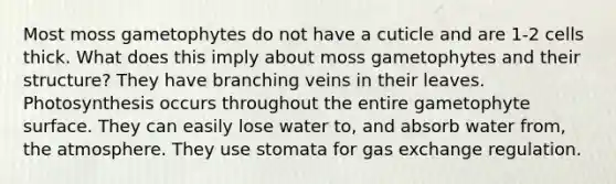 Most moss gametophytes do not have a cuticle and are 1-2 cells thick. What does this imply about moss gametophytes and their structure? They have branching veins in their leaves. Photosynthesis occurs throughout the entire gametophyte surface. They can easily lose water to, and absorb water from, the atmosphere. They use stomata for gas exchange regulation.