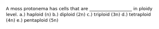 A moss protonema has cells that are ___________________ in ploidy level. a.) haploid (n) b.) diploid (2n) c.) triploid (3n) d.) tetraploid (4n) e.) pentaploid (5n)