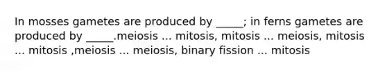 In mosses gametes are produced by _____; in ferns gametes are produced by _____.meiosis ... mitosis, mitosis ... meiosis, mitosis ... mitosis ,meiosis ... meiosis, binary fission ... mitosis