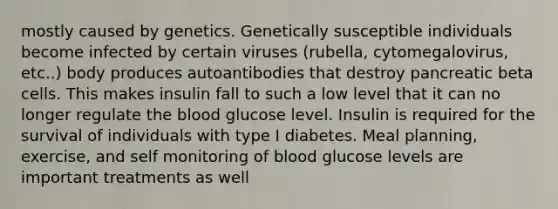 mostly caused by genetics. Genetically susceptible individuals become infected by certain viruses (rubella, cytomegalovirus, etc..) body produces autoantibodies that destroy pancreatic beta cells. This makes insulin fall to such a low level that it can no longer regulate the blood glucose level. Insulin is required for the survival of individuals with type I diabetes. Meal planning, exercise, and self monitoring of blood glucose levels are important treatments as well