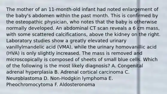 The mother of an 11-month-old infant had noted enlargement of the baby's abdomen within the past month. This is confirmed by the osteopathic physician, who notes that the baby is otherwise normally developed. An abdominal CT scan reveals a 6 cm mass, with some scattered calcifications, above the kidney on the right. Laboratory studies show a greatly elevated urinary vanillylmandelic acid (VMA), while the urinary homovanillic acid (HVA) is only slightly increased. The mass is removed and microscopically is composed of sheets of small blue cells. Which of the following is the most likely diagnosis? A. Congenital adrenal hyperplasia B. Adrenal cortical carcinoma C. Neuroblastoma D. Non-Hodgkin lymphoma E. Pheochromocytoma F. Aldosteronoma