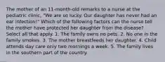 The mother of an 11-month-old remarks to a nurse at the pediatric clinic, "We are so lucky. Our daughter has never had an ear infection!" Which of the following factors can the nurse tell the mother have protected her daughter from the disease? Select all that apply. 1. The family owns no pets. 2. No one in the family smokes. 3. The mother breastfeeds her daughter. 4. Child attends day care only two mornings a week. 5. The family lives in the southern part of the country.