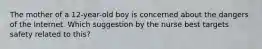 The mother of a 12-year-old boy is concerned about the dangers of the Internet. Which suggestion by the nurse best targets safety related to this?