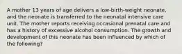 A mother 13 years of age delivers a low-birth-weight neonate, and the neonate is transferred to the neonatal intensive care unit. The mother reports receiving occasional prenatal care and has a history of excessive alcohol consumption. The growth and development of this neonate has been influenced by which of the following?