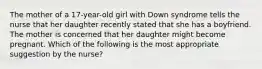 The mother of a 17-year-old girl with Down syndrome tells the nurse that her daughter recently stated that she has a boyfriend. The mother is concerned that her daughter might become pregnant. Which of the following is the most appropriate suggestion by the nurse?