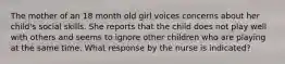 The mother of an 18 month old girl voices concerns about her child's social skills. She reports that the child does not play well with others and seems to ignore other children who are playing at the same time. What response by the nurse is indicated?