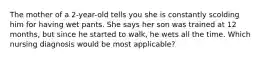 The mother of a 2-year-old tells you she is constantly scolding him for having wet pants. She says her son was trained at 12 months, but since he started to walk, he wets all the time. Which nursing diagnosis would be most applicable?