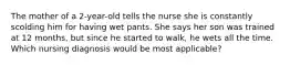 The mother of a 2-year-old tells the nurse she is constantly scolding him for having wet pants. She says her son was trained at 12 months, but since he started to walk, he wets all the time. Which nursing diagnosis would be most applicable?