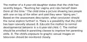 The mother of a 4-year-old daughter states that the child has recently begun, "Touching her vagina and rubs herself down there all the time." The child drew a picture showing two people with one on top of the other and said they were "doing sex." Based on the assessment description, what conclusion should the nurse explore further? A. There is a possibility that the child has been sexually abused. B. Educate the mother to normal developmental behavior in a 4-year-old child. C. The mother should be enrolled in parenting classes to improve her parenting skills. D. The child's exposure to graphic sexual images on television should be monitored closely.