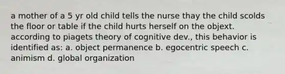 a mother of a 5 yr old child tells the nurse thay the child scolds the floor or table if the child hurts herself on the objext. according to piagets theory of cognitive dev., this behavior is identified as: a. object permanence b. egocentric speech c. animism d. global organization