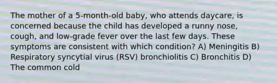 The mother of a 5-month-old baby, who attends daycare, is concerned because the child has developed a runny nose, cough, and low-grade fever over the last few days. These symptoms are consistent with which condition? A) Meningitis B) Respiratory syncytial virus (RSV) bronchiolitis C) Bronchitis D) The common cold