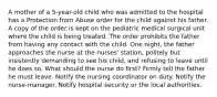 A mother of a 5-year-old child who was admitted to the hospital has a Protection from Abuse order for the child against his father. A copy of the order is kept on the pediatric medical surgical unit where the child is being treated. The order prohibits the father from having any contact with the child. One night, the father approaches the nurse at the nurses' station, politely but insistently demanding to see his child, and refusing to leave until he does so. What should the nurse do first? Firmly tell the father he must leave. Notify the nursing coordinator on duty. Notify the nurse-manager. Notify hospital security or the local authorities.