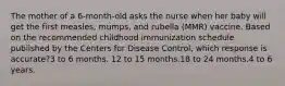 The mother of a 6-month-old asks the nurse when her baby will get the first measles, mumps, and rubella (MMR) vaccine. Based on the recommended childhood immunization schedule published by the Centers for Disease Control, which response is accurate?3 to 6 months. 12 to 15 months.18 to 24 months.4 to 6 years.