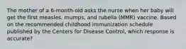 The mother of a 6-month-old asks the nurse when her baby will get the first measles, mumps, and rubella (MMR) vaccine. Based on the recommended childhood immunization schedule published by the Centers for Disease Control, which response is accurate?